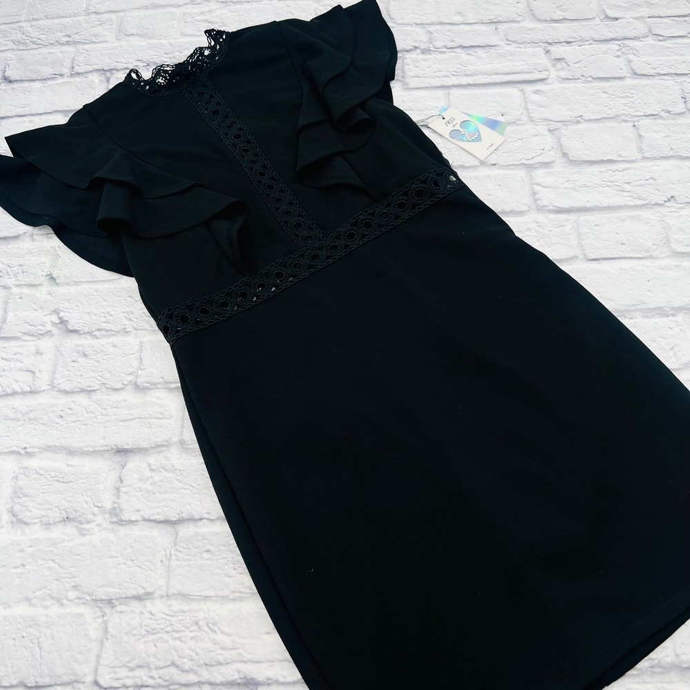 Iris Los Angeles Black Ruffle Sleeve Lace Trim Sheath Dress ID4900 Womens L NEW